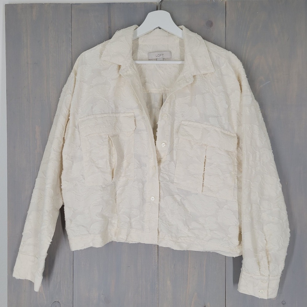 Loft‎ Jacket Women Large Cream Textured Jacquard Eyelash Button Down Shacket